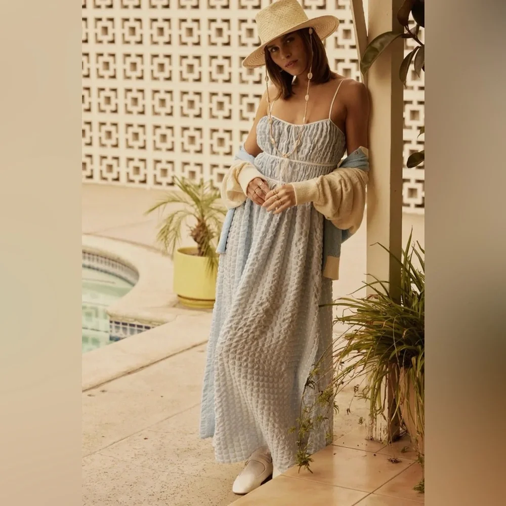Blue and White Gingham Maxi Dress with Bows - Picture 1 of 4